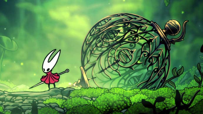 Hornet stands next to her former cage in Moss Grotto at the very beginning of Hollow Knight: Silksong Guide